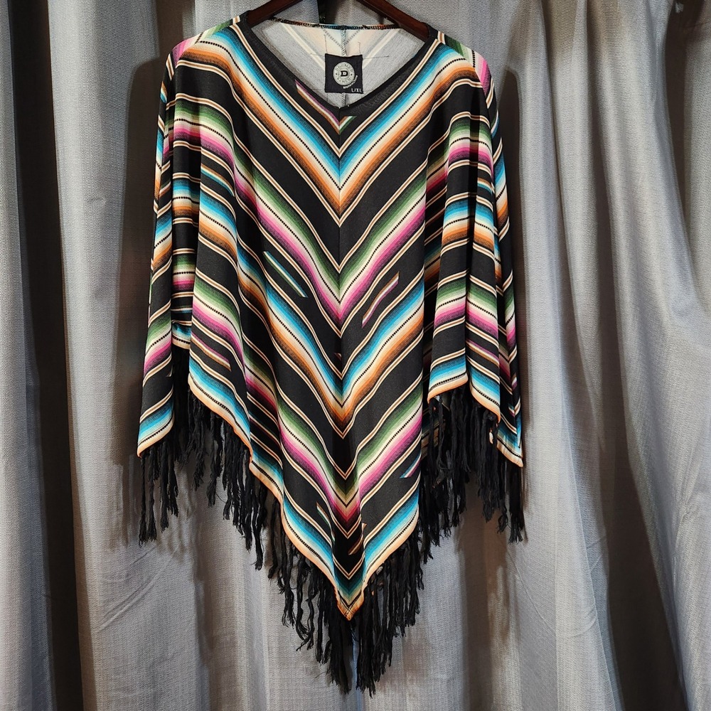 Double D Ranch Women Serape Stripe Fringe Poncho Multi-Color Western L/XL